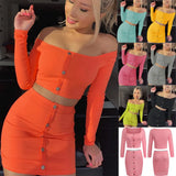 Shoulder Solid Women Skirt Set 2021 New Solid Button Up Crop Top High Waist Bodycon Skirt Matching Set Activewear