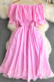 Women Sexy Slash Neck Off Shoulder Vacation Beach Dress Female Elegant Hollow Out Short Sleeve A-Line Mini Robe 2023