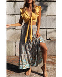 Queens Women Beige Floral Print Beach Bohemian Skirt High Elastic Waist Rayon Cotton Boho Maxi Skirts