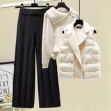 Warm 3 Piece Set Women Pullover Sweater + Wide Leg Pants +Lamb Wool Vest Outfits Knitted Suit Tracksuit Womens