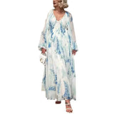 Women's Printed Chiffon Dress V Collar Folded Waist Drawstring Long Sleeve