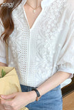 Women's Shirts Solid Blouses for Women Embroidered Shirt Blouse Women White Hollow Out Half Sleeve Tops Female 2023 Woman