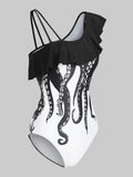 Skew Neck Flounce One-Piece Swimsuit Gothic Women Octopus Print Padded Bathing Suits Beach