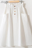 Women Summer Skirt Spring Korean Style Casual Solid High Waist A-Line Midi Skirts With Pocket Girls Elegant