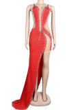 Sexy Blue Mesh Crystal Patchwork Asymmetrical Maxi Dress Women Strap See Through Bodycon Clubwear Long