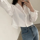 Y2K White Slit Shirts Women Korean Elegant Solid Casual Long Sleeve Split Chic Blouse Fashion Streetwear Loose Crop