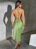 Satin Backless Lace-up High Midi Dress For Women Robe Fashion Spaghetti Strap Sleeveless Club Party Long Dress