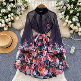 Style Dress Women's Spring New Elegant Dress Collar Lantern Sleeve Print Waist A Short