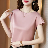 Lady Tops Summer Short Sleeve Blouses Satin Blouse Women Shirts Fashion Simple Solid Plus Size Loose Shirt Blusas