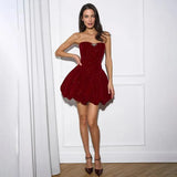 Sequin Strapless Puff Skirt Mini Dress- Outfit