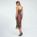 Women Vintage Sling Dress Spaghetti Straps Pleated Flower Print Lace Tulle Patchwork Summer Evening Party Midi