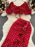Women Red/Purple/Black Polka Dot Two Piece Set Summer Sexy Ruffle Short Drawstring Tops + High Waist Irregular Skirt 2pcs
