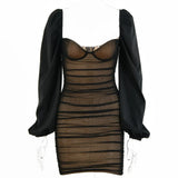 2022 Spring Double Layer Mesh Mini Dress Women Lantern Sleeve Ruched Bodycon Dress Clubwear Sexy Black Backless