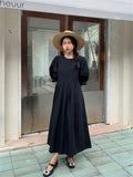 Kitty Normcore Chic Lantern Sleeves Maxi Dress Women Hollow Out Summer 2022 Slim Close Waist Solid New Sweet Casual