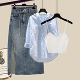 Outfits For Women 2023 Fashion Sling Vest+long Sleeve Sunscreen Shirt+side Split Denim Skirts Sets Korean 3 Piece