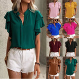 Women's Summer New V-Neck Casual Double-Layer Lotus Leaf Sleeve Solid Shirt