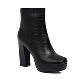 Platform Women Boots Faux Leather Square High Heel Ankle Boots Zipper Boots Autumn Winter Ladies Shoes Black