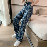 check High Waist Women loose Jeans Korean Fashion Streetwear Wide Leg Jean Female Denim Trouser Straight Denim