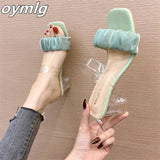 summer new lady cloud slippers women crystal thick heel square head flip flops fashion high heel sandals