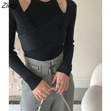 Fashion Women's 2 Pcs Set Halter Tank Tops Cross V-neck Slim Knitted Long Sleeve Swearter Suit Autumn 2023 New