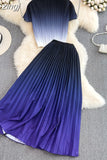 Women Pleated Two Piece Set Vintage Stand Collar Short Sleeve Draped Tops + High Waist Stretchy A-Line Skirt Suit