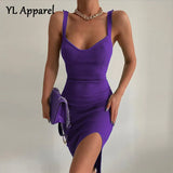 Women's Sleeveless Knitted Square Collar Midi Split Package Hip Office Dress Ladies Summer Boducon Evening Party