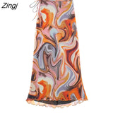 New Women Vintage Graffiti Print Mesh Yarn Slim Smock Blouse Female Pleats Design Streetwear Shirt Chic BlusasTops