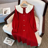 Winter Warm Thick Knit Dress Office Ladies Elegant French Vintage Peter Pan Collar Long Sleeve Knitting Dresses Korean