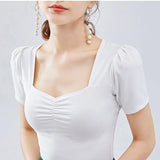 Square Collar Puff Sleeve T-shirt for Summer Spring Red Atchwork Slim Women Shirt Tops Harajuku Korean Women's
