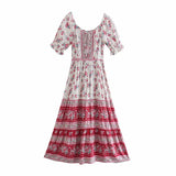 Queens Women Floral Print Beach Bohemian Maxi Dresses Ladies V Neck Front Button Rayon Boho Pleated Sundress