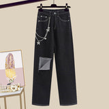 Women Streetwear Harajuku Y2k Outfits 3 PCS Sets Chain Vest+long Sleeve Sunscreen+wide Leg Hollow Out Denim Pant