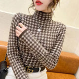 Winter High Collar Houndstooth Plus Velvet Sweater Ladies Slim All-match Bottoming Pullover Top Women Casual Warm