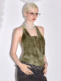 Fashion Wasteland Breeze Niche Retro Bead Decoration Collar Design Back Dark Green Sexy Strip