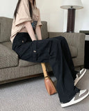 Women's Spring Summer Cargo Pants Elastic Waist Multiple Pockets Solid Vintage Fashion Tooling Style Straight Wide Leg