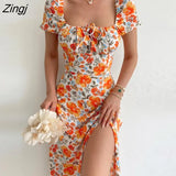 Elegant Sweet Floral Print Dress for Women Summer Dresses 2022 New Strapless Short Puff Sleeve Slim Hem Slit Maxi