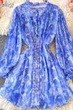 Vintage Women Pleated Chiffon Mini Dress Elegant V-Neck Draped Single Breasted Ruffle Vestidos Sexy Party Robe 2023