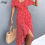 Floral Print Sling Dress Women Summer Dresses 2022 NEW Elegant Sexy Strapless Spaghetti Irregular Ruffle Hem Slit