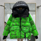 Winter Warm Hooded Short color matching Women Down Jacket New 90% White duck down Loose camouflage Women's Puffer