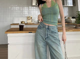 Two Tone Ribbed Halter Double Strap Top-Outfit