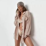 Bikini Cover-ups Solid Camel Pocket Button Front Open Shirt Dress Women Summer Clothes Beach Wear Swim Suit Cover Up