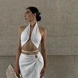 Zingj Style 2023 Summer Women's Wear Sexy V-Neck Design Sense Hook Buckle Dew Back Hanging Neck