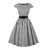 Retro Rockabilly Women O Neck Polka Dot Vintage Dress with Belt A Line Cap Sleeve Black White Plaid Print Pin Up