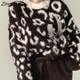 Streetwear Women Vintage Leopard Sweaters Pullovers Autumn Winter Fashion Harajuku Loose O-Neck Lazy Wind Korean Y2k