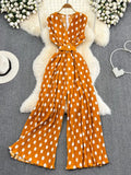 Red/Purple/Orange Polka Dot Pleated Jumpsuits Women Elegant V-Neck Sleeveless High Waist Wide Leg Loose Romper