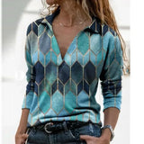 Women Long Sleeve V Neck Geometric Print Blouse Vintage Loose Polo Shirt Y2K Harajuku Oversize Tops Elegant Zip Sweatshirt