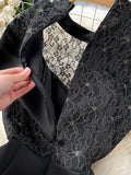 Women Black Sexy Lace Embroidered Pastchwork Party Long Dress Elegant Stand Collar Short Sleeve Ruffle Hem Maxi Robe