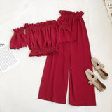 2021 New Summer Women Casual Solid Color Off Shoulder Short Tops+Elastic Waist Wide Leg Long Pants Sexy Two Piece