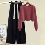 Winter Knitted Two Piece Set Women Casual Pullover Long Sleeve Knitting Sweater And Wide Leg Pants Sets For Women