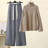 Winter Warm Knitted Suit Women Long Sleeve Half Turtleneck Knitting Sweater And Wide Leg Pants Sets Outer Wear Loose