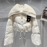 2022 Winter Long Sleeve Lambswool Sailor Collar Short White Duck Down Coat Women Drawstring Jacket